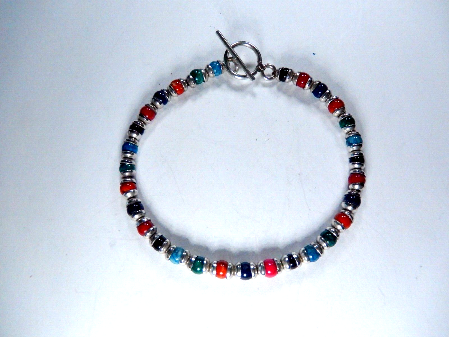 *VINTAGE* Multi Gemstone Beads w/ Sterling Bead Caps &Toggle Clasp Bracelet 7.5"