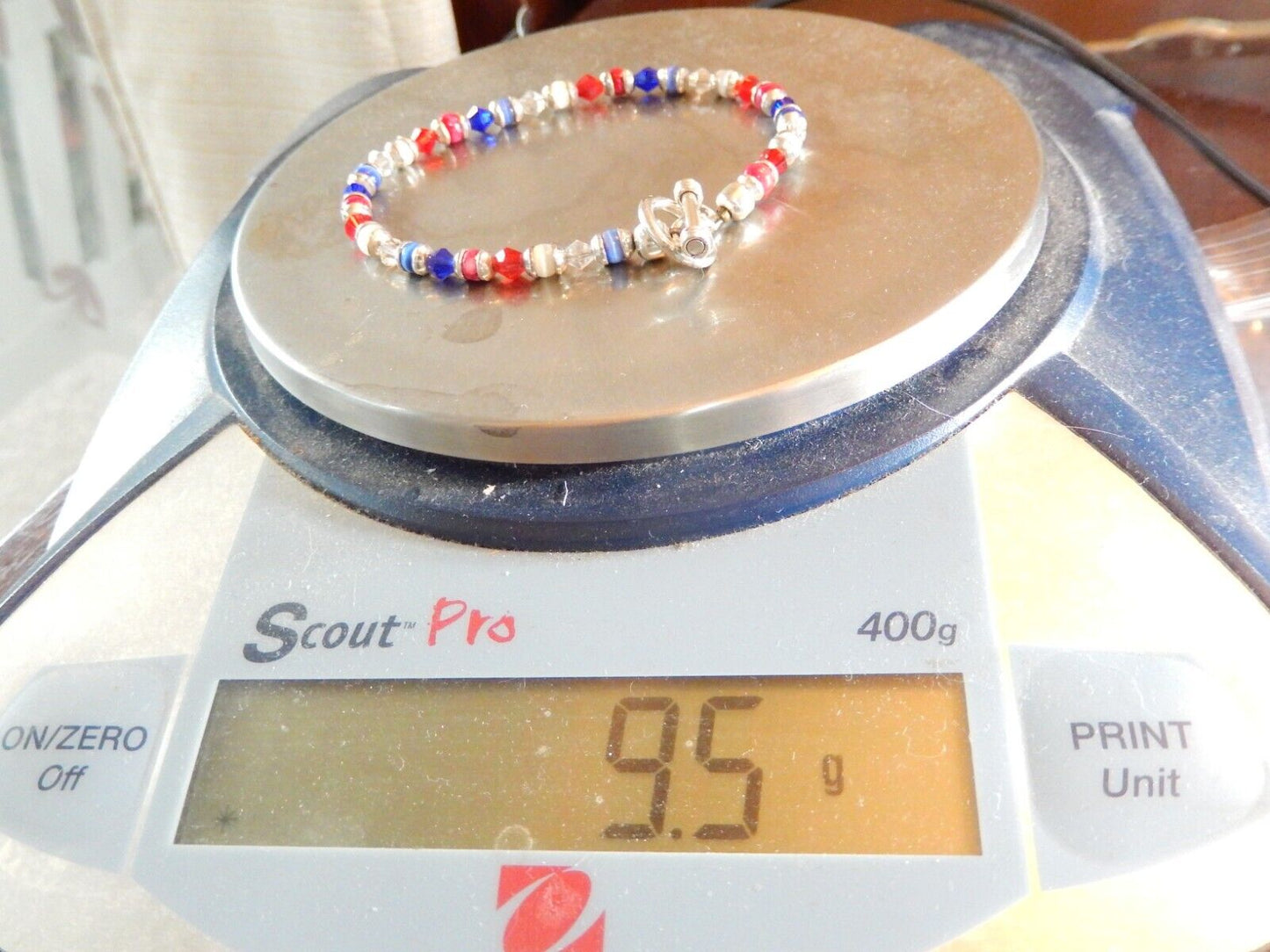 VINTAGE Solid Sterling Silver 925 Red White Blue Gemstone Beaded Bracelet 7.5"