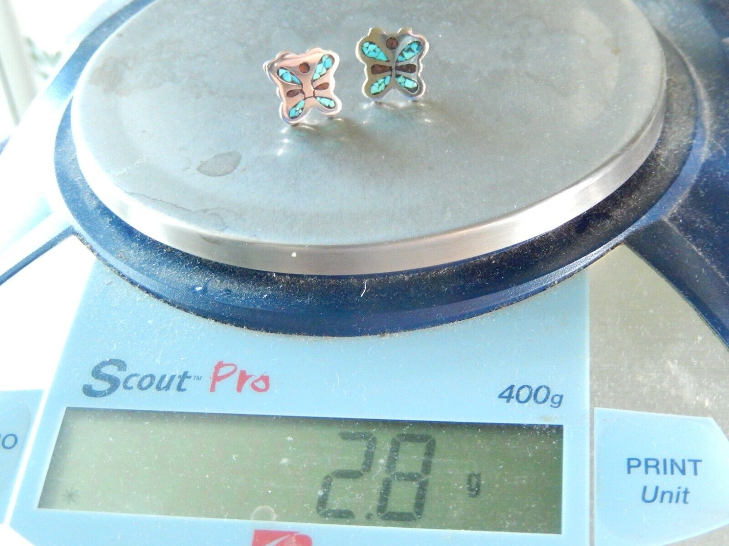 *VINTAGE* ZUNI STERLING SILVER AND TURQUOISE BUTTERFLY STUD EARRINGS 1/2" x 1/2"
