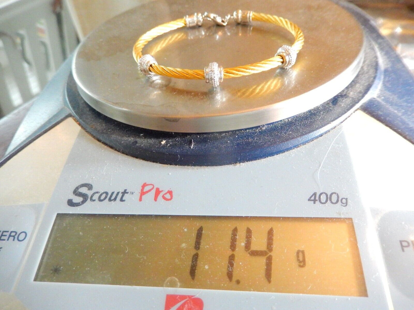 Sterling Silver Gold Tone Stainless Steel Diamond Twist Bead Bracelet Size 7"