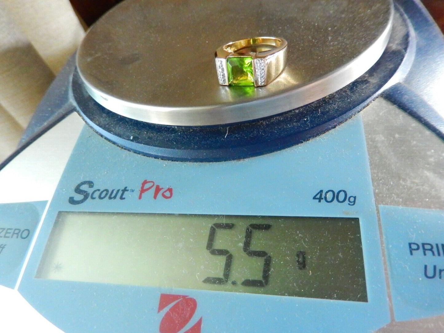 ROSS SIMONS GREEN PERIDOT GOLD VERMEIL DIAMOND STERLING SILVER RING Sz 7
