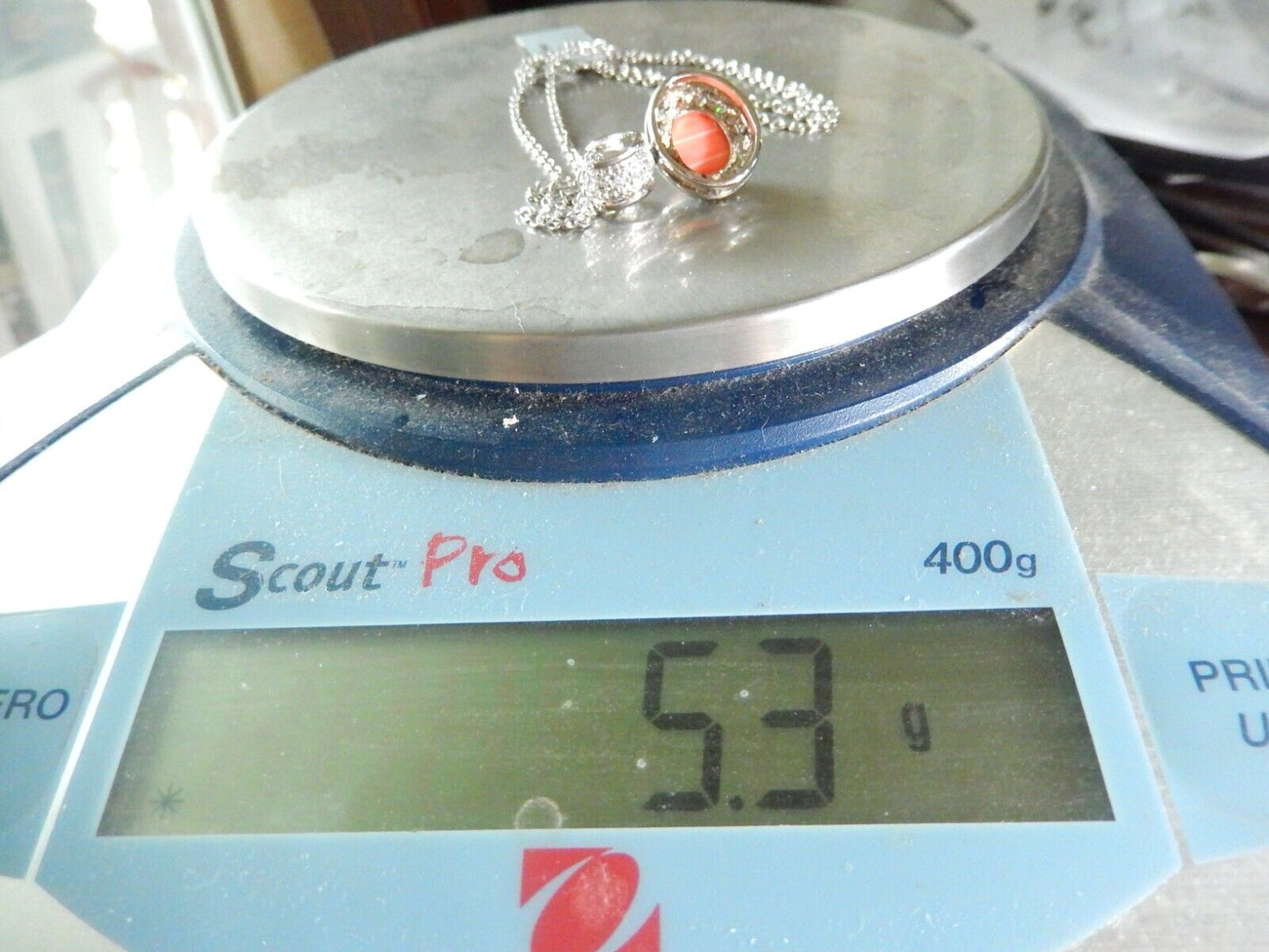 925 Sterling Silver Oval 8x10mm Pink Coral with 23 CZ's Halo Pendant & 18" Chain