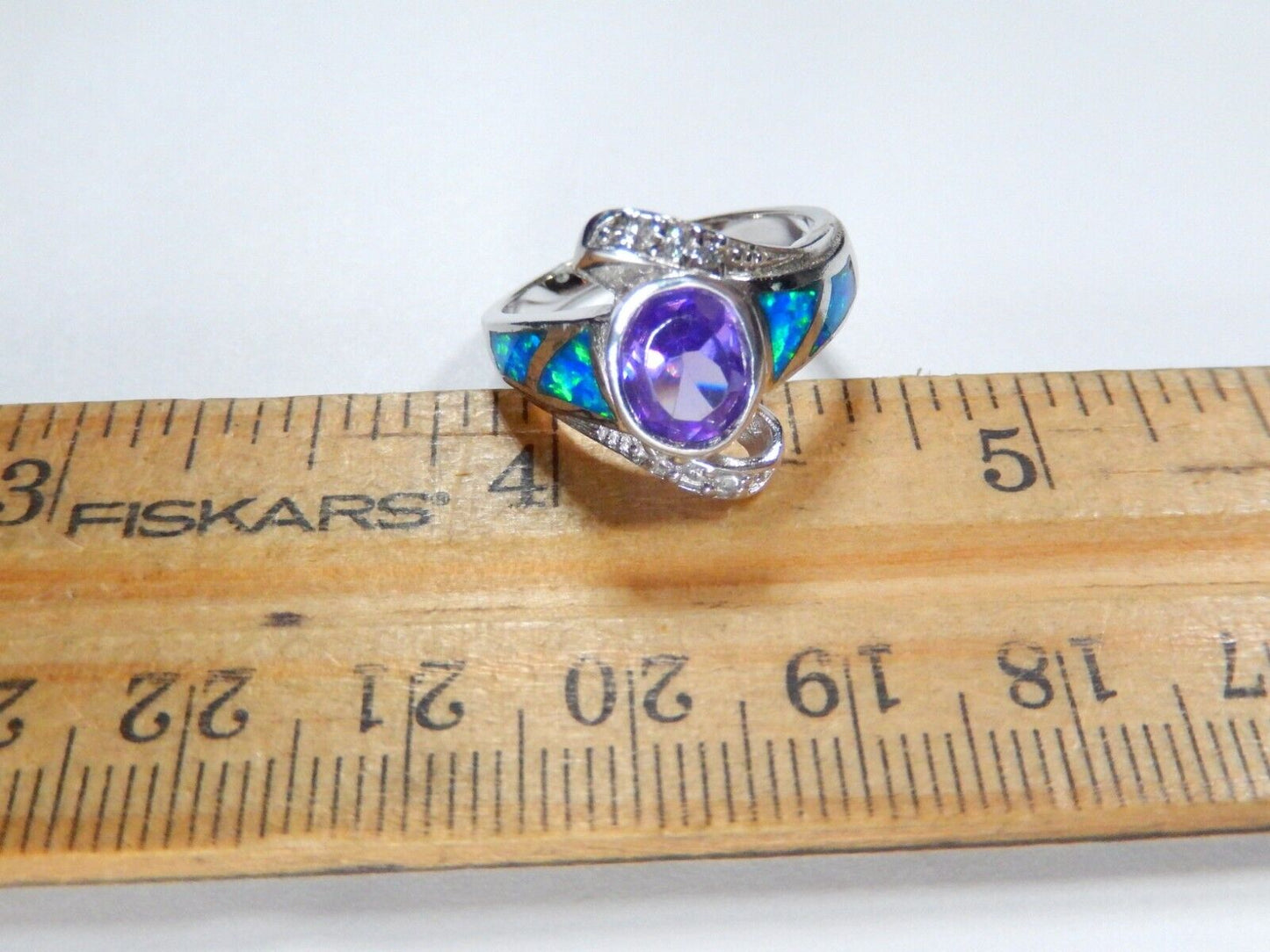 Amethyst & Blue Fire Opal Inlay with CZ Accents 925 Sterling Silver Ring sz 7