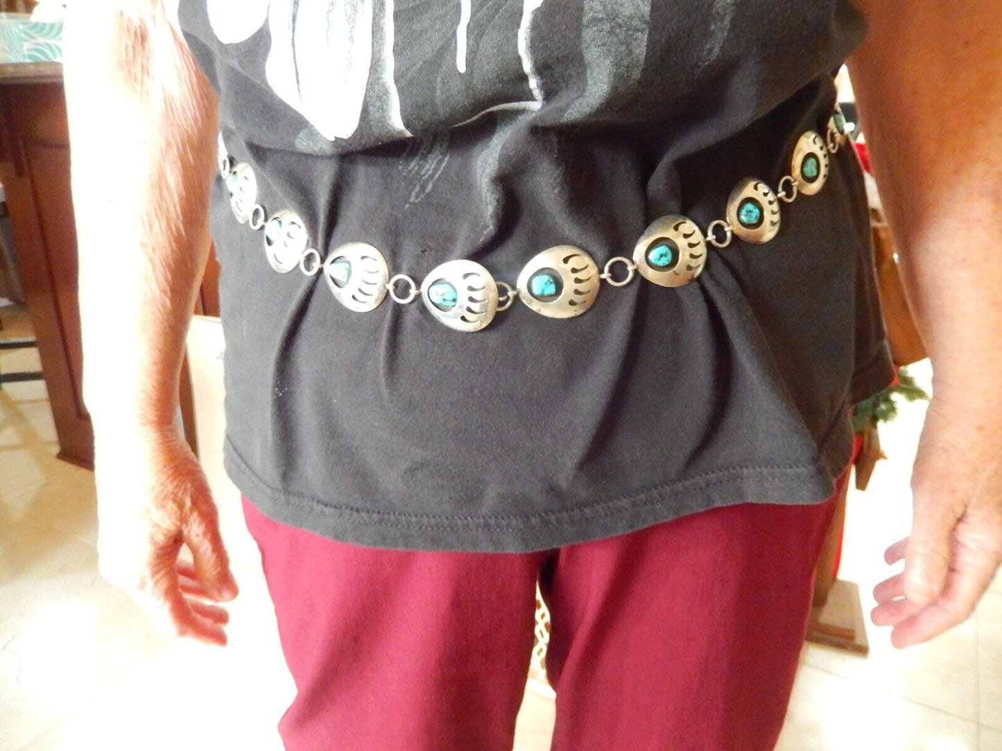 Vintage Navajo 36” Concho Belt / Necklace Sterling Silver Bear Claw Turquoise