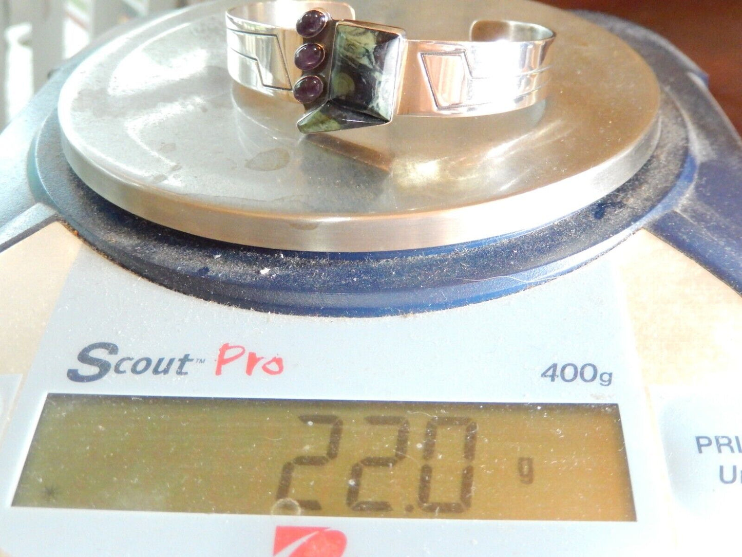 VINTAGE - Mid-Century Modern Sterling Silver Green Agate & Amethyst Bangle 22gm