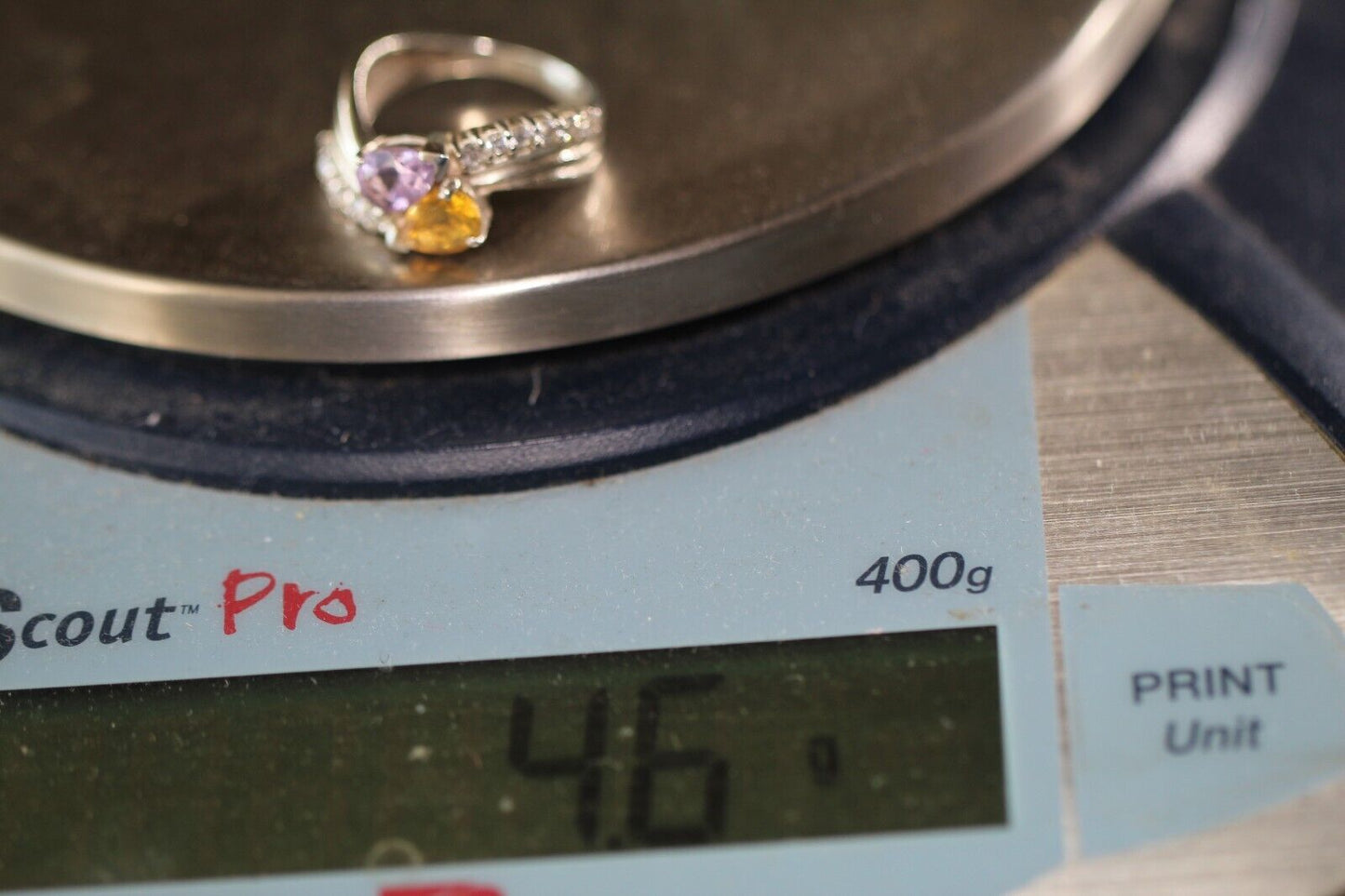 *VINTAGE* Sterling Silver Citrine and Amethyst Bypass Ring 925 Size 6.5