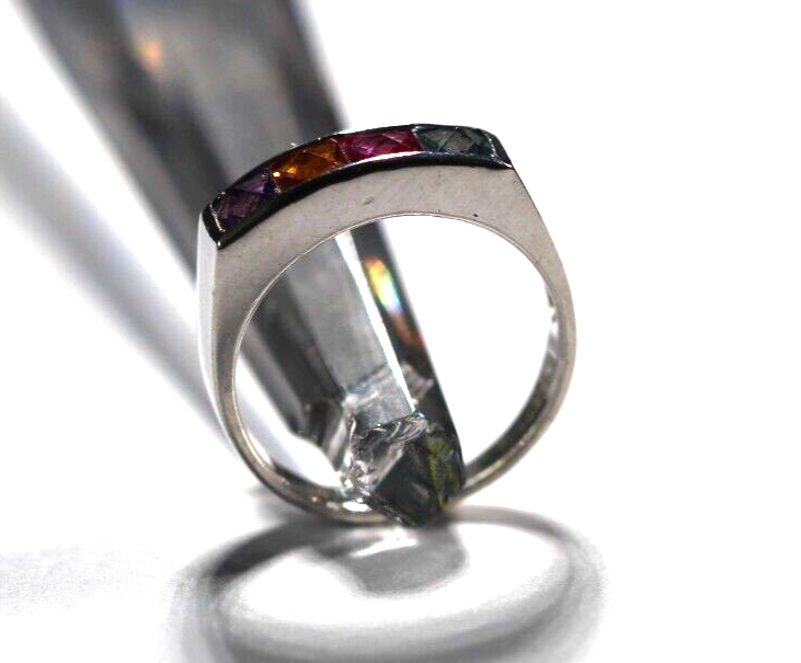 Sterling Silver 925 Multi Gem 3/16" Wide Band Ring Size 5.5