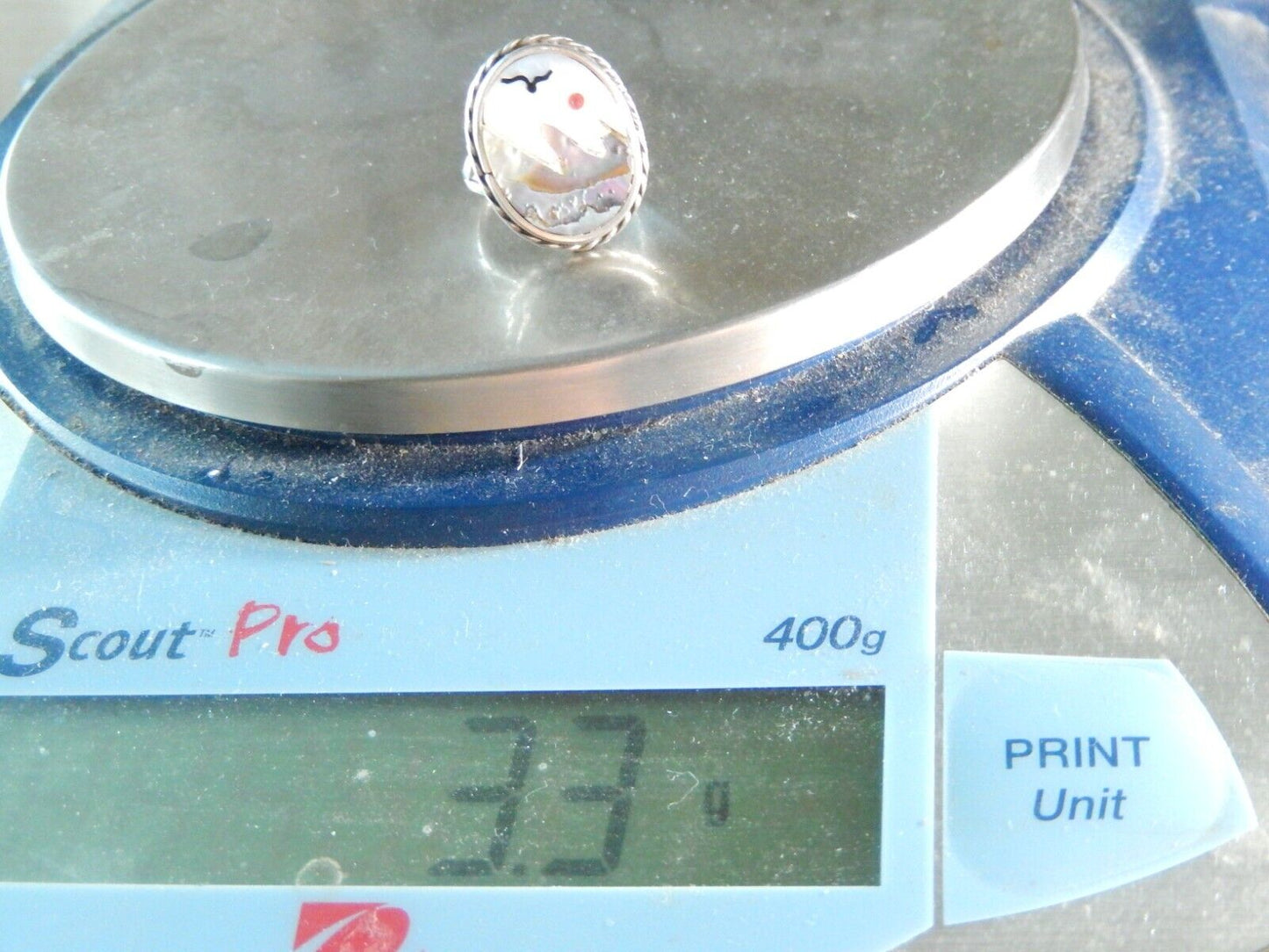 *VINTAGE* Mexico 925 Sterling Silver Natural Abalone Outdoor Scene Ring Sz 5.5