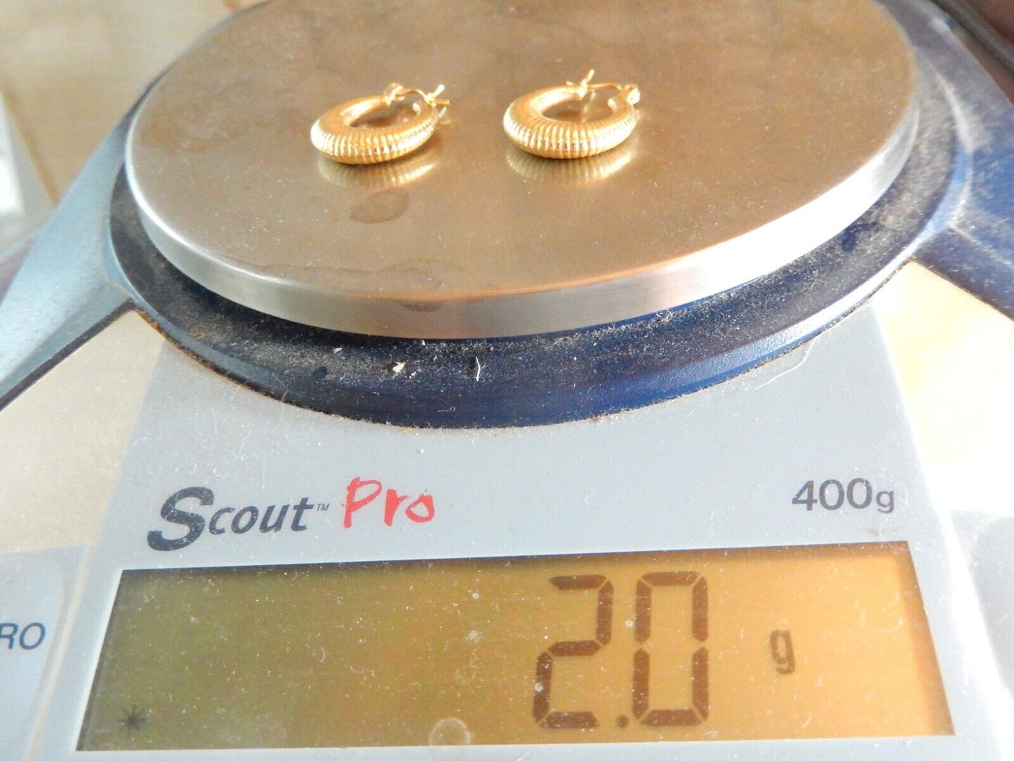 14K Yellow Gold Puffy Ribbed/Shrimp Hoop Earrings With Snap Close 7/8" x 3/4"
