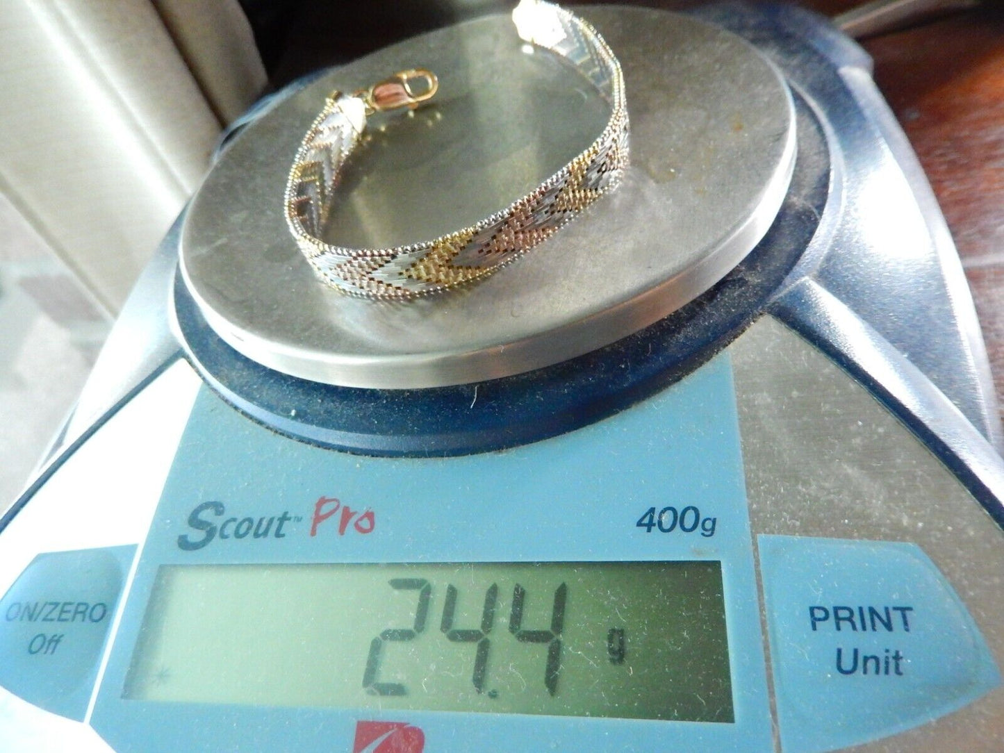 Sterling Silver 925 Tri-Color Chevron Italy Bracelet 9mm Wide 24.4 gm 7.75"