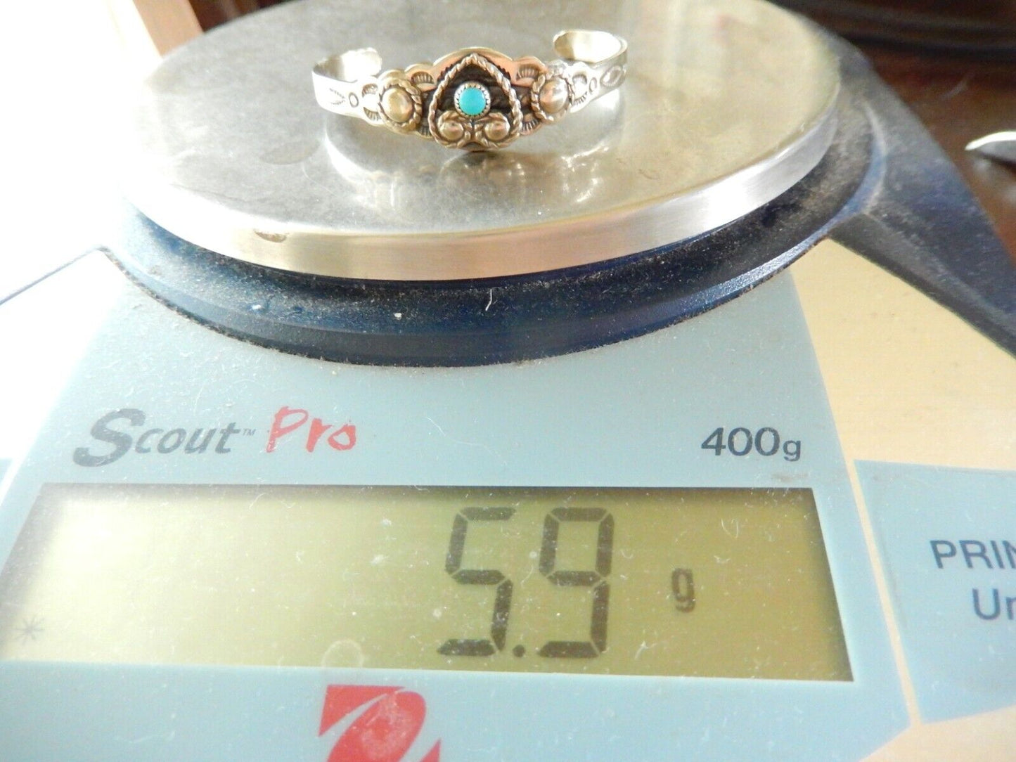 *VINTAGE* Small Vintage Childs Bell Nickel Silver & Turquoise Cuff Bracelet