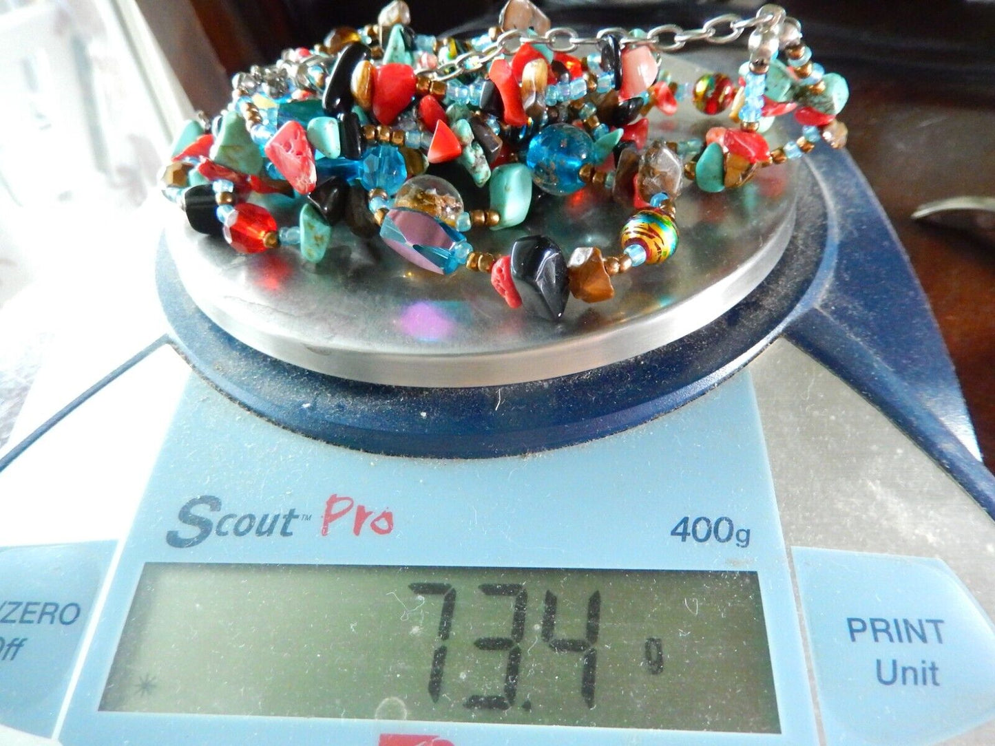 Three strand turquoise stone and glass bead silver tone link necklace 16" - 18"