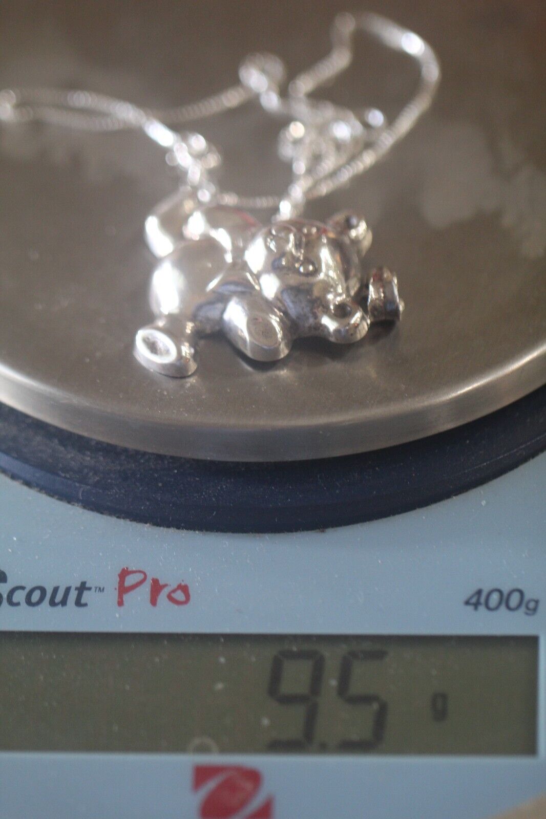 *VINTAGE* Sterling Silver Puffy Teddy Bear with Bow Tie Hollow Pendant w/20"Chai