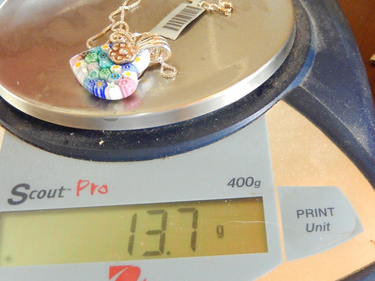 MURANO MILLEFIORI HEART GLASS pendant, 925 STERLING SILVER - w/18" Ster. Chain