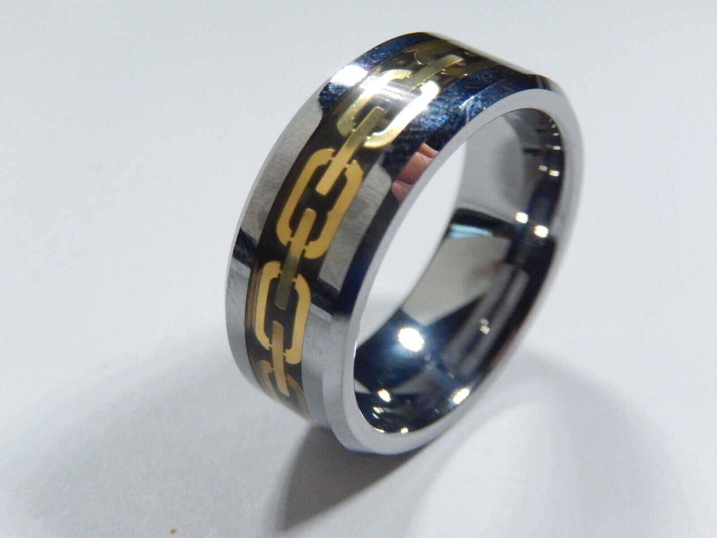 *NEW* 8mm Tungsten Comfort Fit Gold Chain Link & Silver Wedding Band Size 15