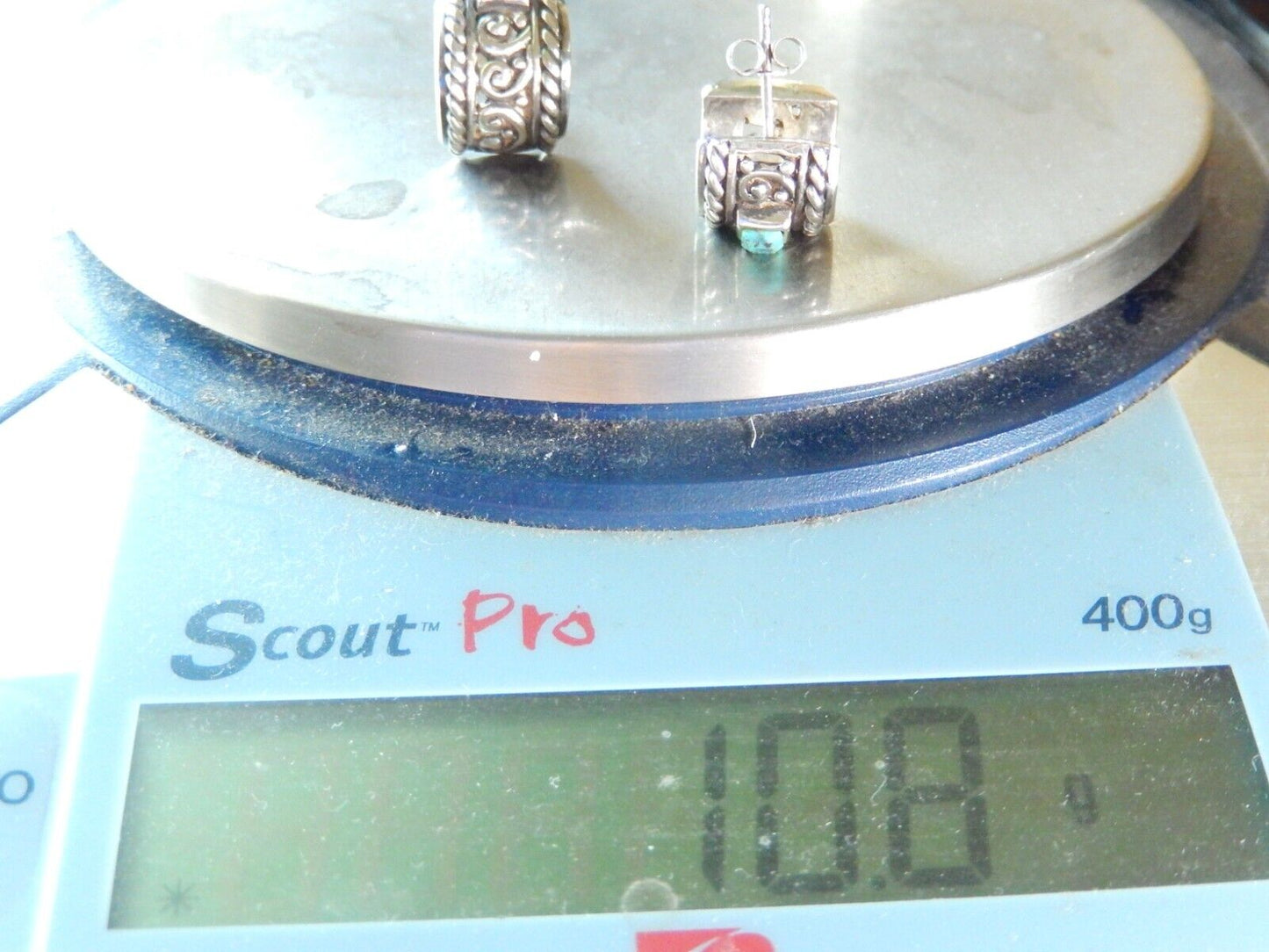 *VINTAGE* Southwest Sterling Silver Turquoise Wide Half Hoop Earrings 1/2" Wide