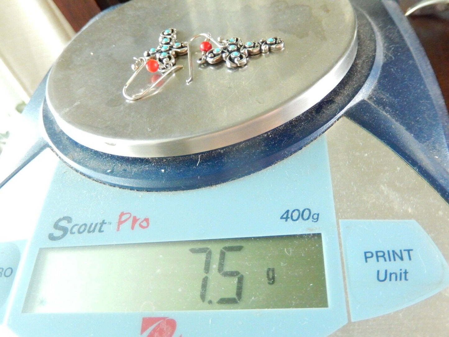 SOUTHWEST 925 Sterling Silver Turquoise & Coral Cross Dangle Earrings 2-1/4"