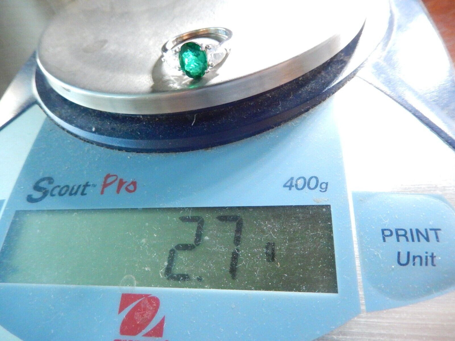 *VINTAGE* Sterling Silver Three Stone Cubic Zirconia And Lab Emerald Ring Sz 7