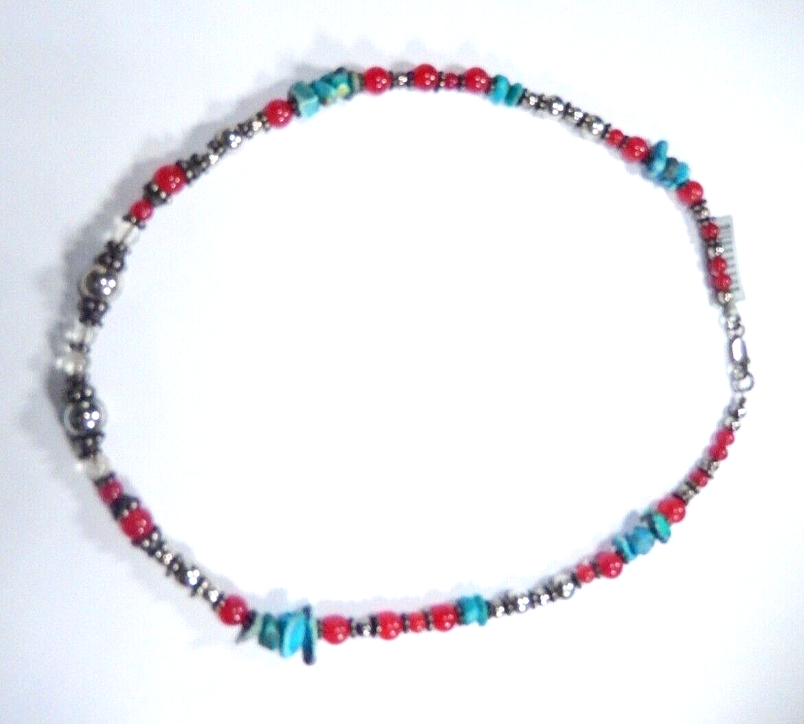 *VINTAGE* Turquoise & Carnelian & Silver Southwestern Beaded 17" Necklace