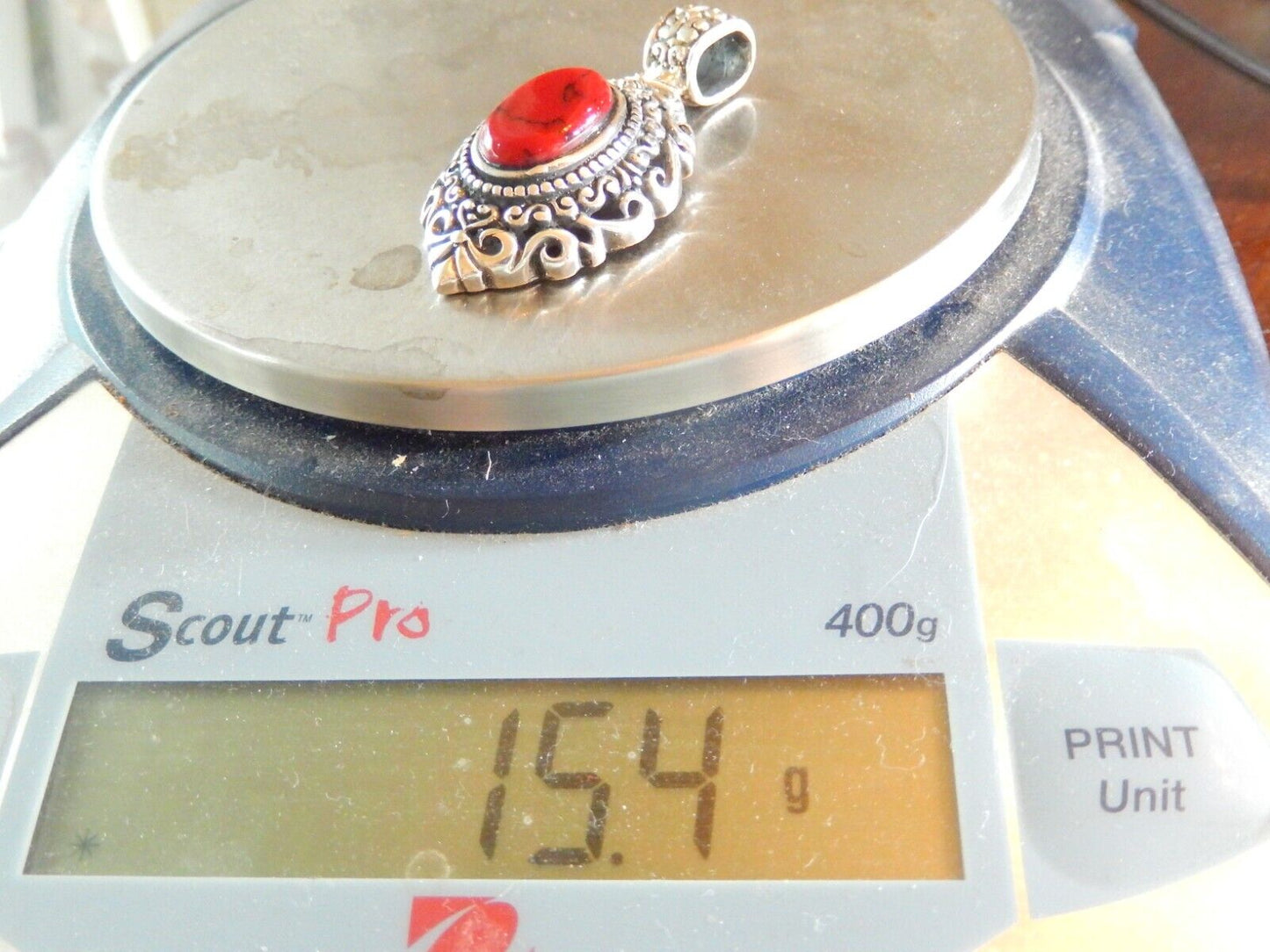 VINTAGE MEXICO - Large Red Jasper Sterling Silver Filigree Pendant w/Large Bail