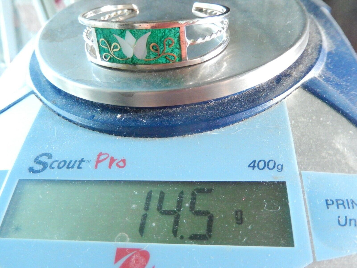 Alpaca Mexico Silver Abalone Inlay Lavender Tulip Blue/Green Cuff Bracelet