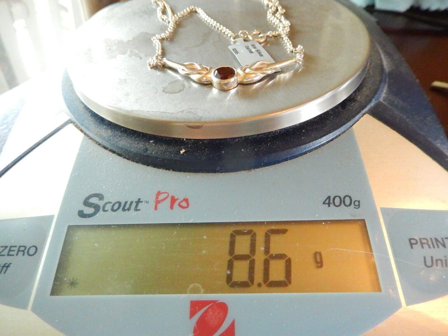 *VINTAGE* Heavy Thick Sterling Silver Garnet "V" Shape Pendant 18" Necklace