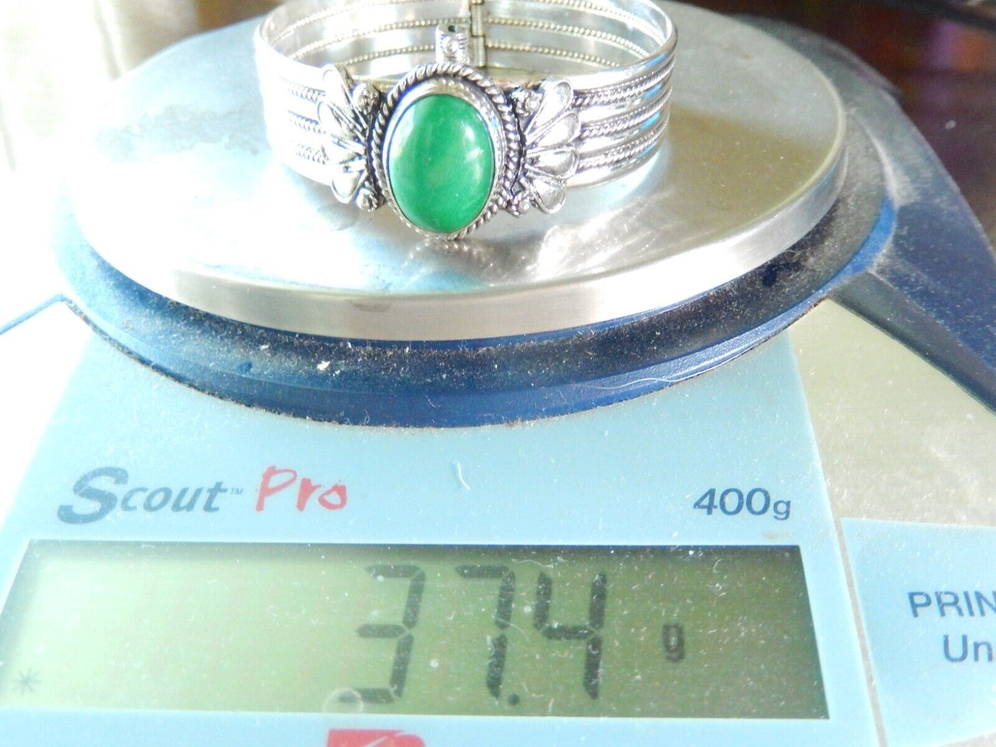 *VINTAGE* 900 SILVER - Green Aventurine Turkoman Boho Hinged Cuff Bracelet 37gm