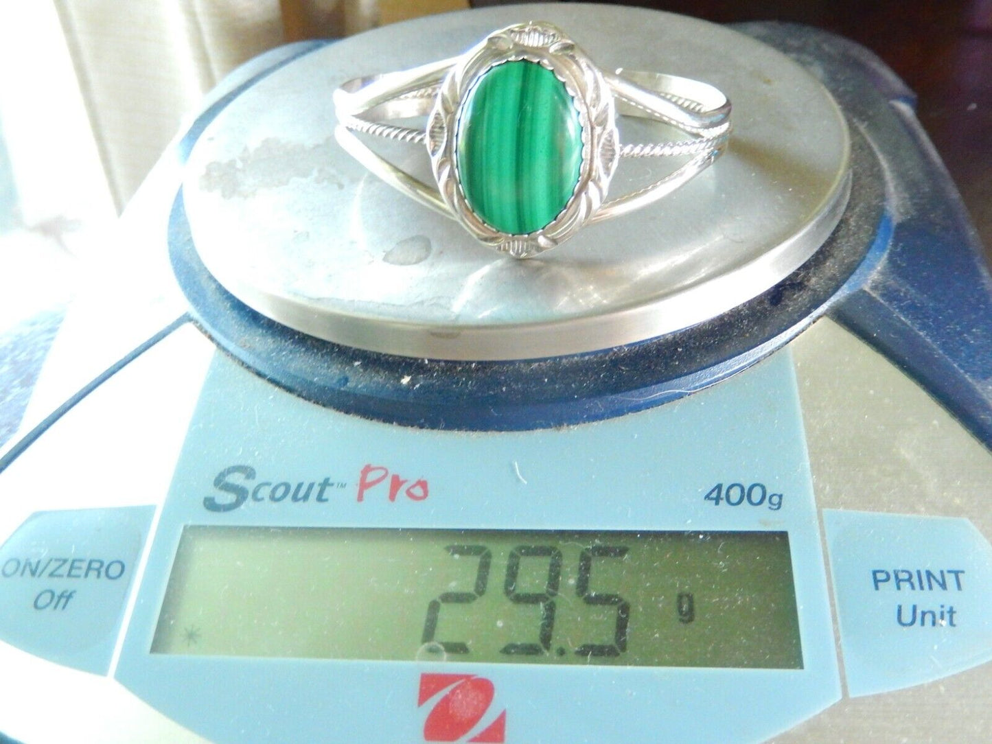 Native American Navajo Sterling Silver Malachite Cuff Bracelet Signed HT