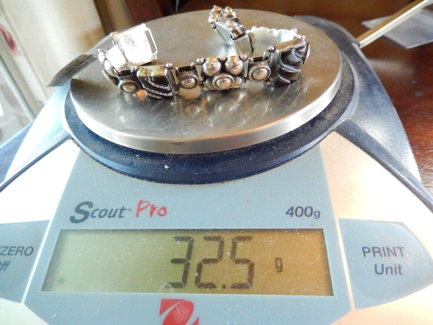 Vintage Sterling Silver 925 Mexico Black Onyx Silver Pebbles Panel 7 Bracelet
