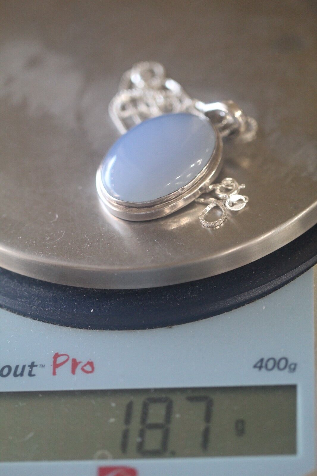 *VINTAGE* LARGE approx. 51 CT Blue Lace Agate Sterling Silver Pendant w/18"Chain