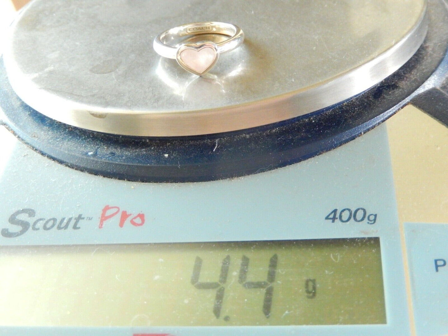 *VINTAGE* Sterling Silver Coach Ring with Rose Quartz Heart Shaped Stone Sz 7.75
