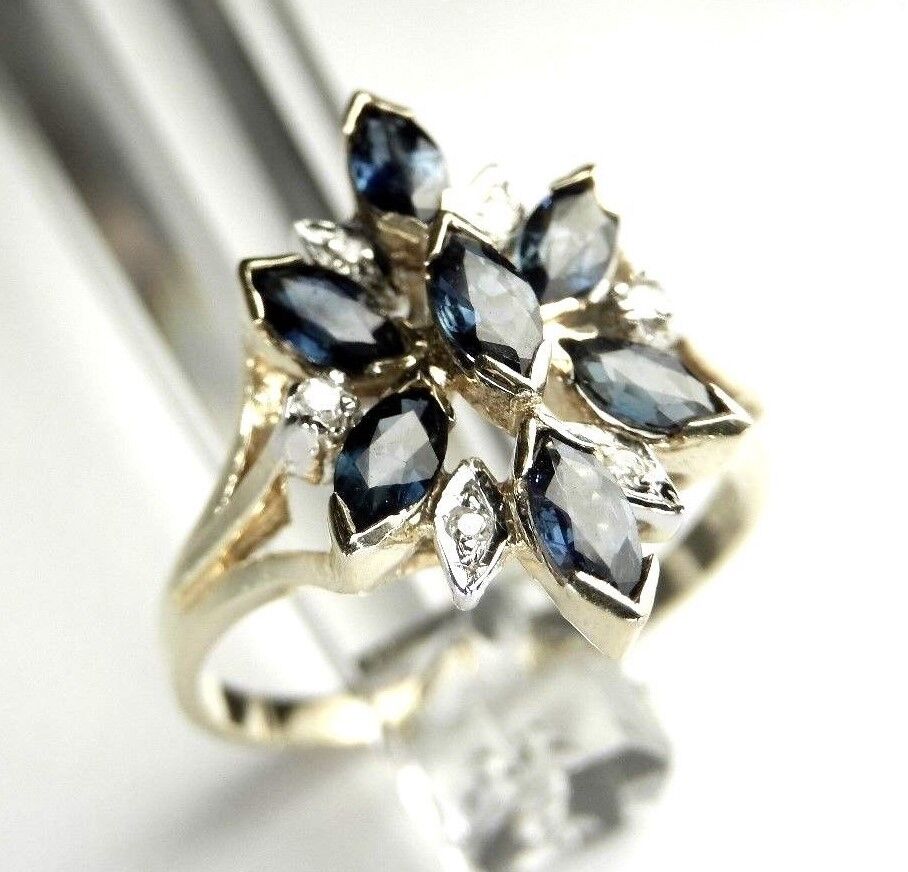 14K Yellow Gold Sapphire Marquise & Diamond Round Free-Form Cluster Ring Sz 7