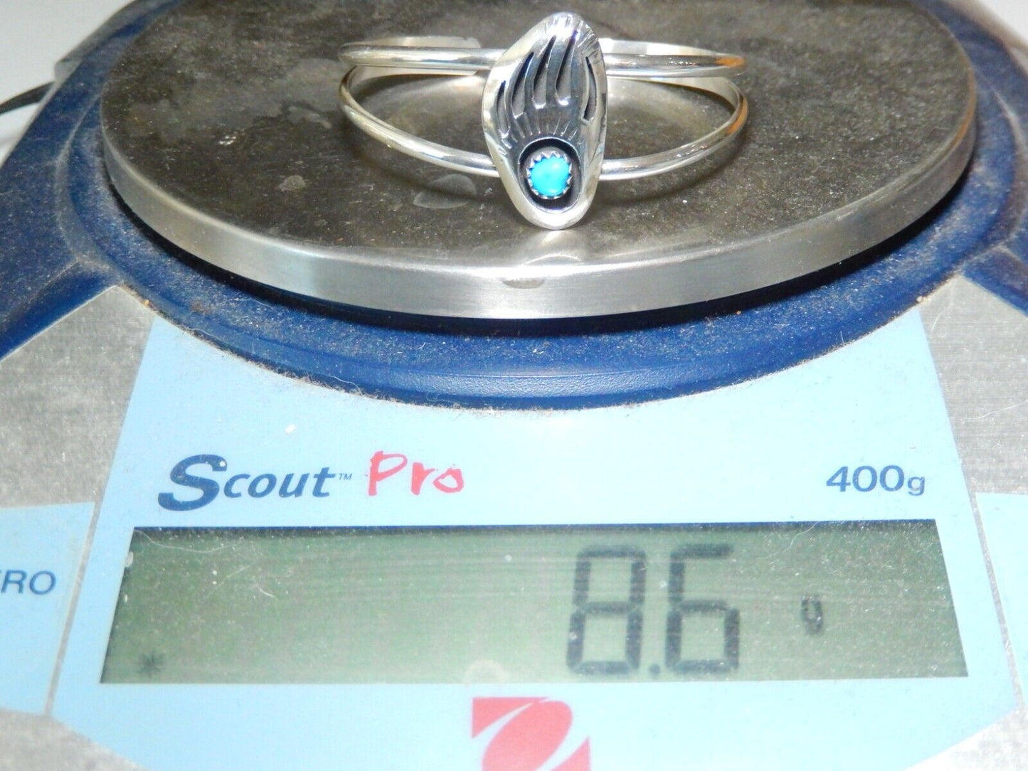 SIGNED NATIVE AMERICAN Sterling Silver TURQUOISE Bear Claw Childs Cuff Bracelet