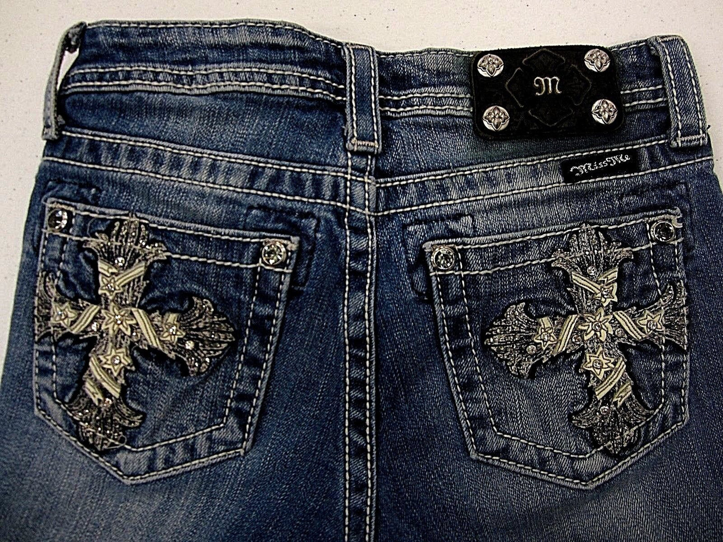 NICE MISS ME GIRLS Leather Cross # JK5445M Bermuda JEANS SHORTS Size 14 X11"
