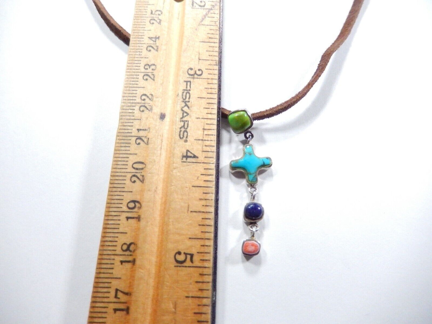 BARSE - Sterling Silver Turquoise - Lapis - Coral Cross w/Brown Leather 18"cord