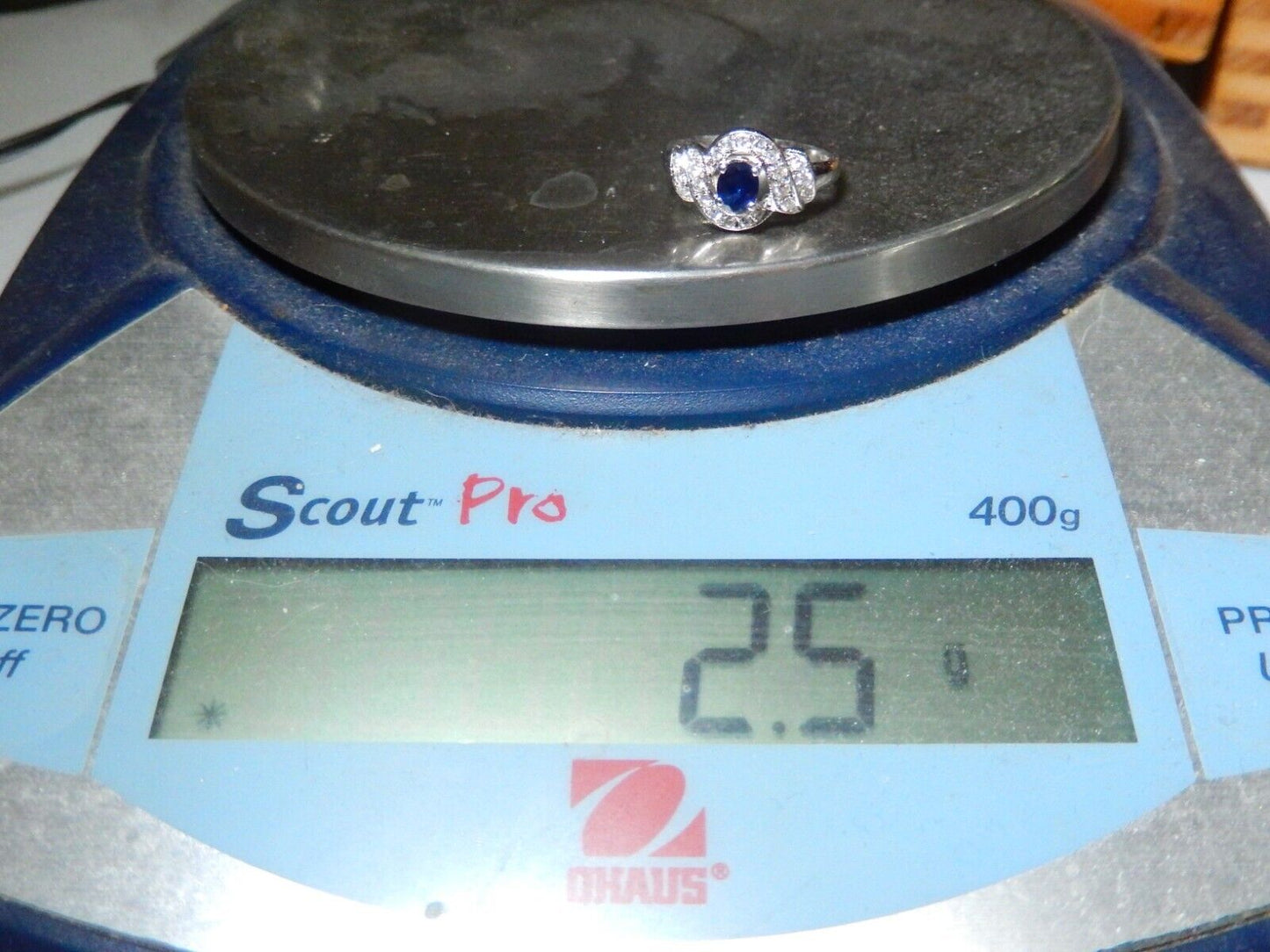*NWT* 14k White Gold Natural Oval Sapphire and VS Diamond Halo Ring Sz 6.75