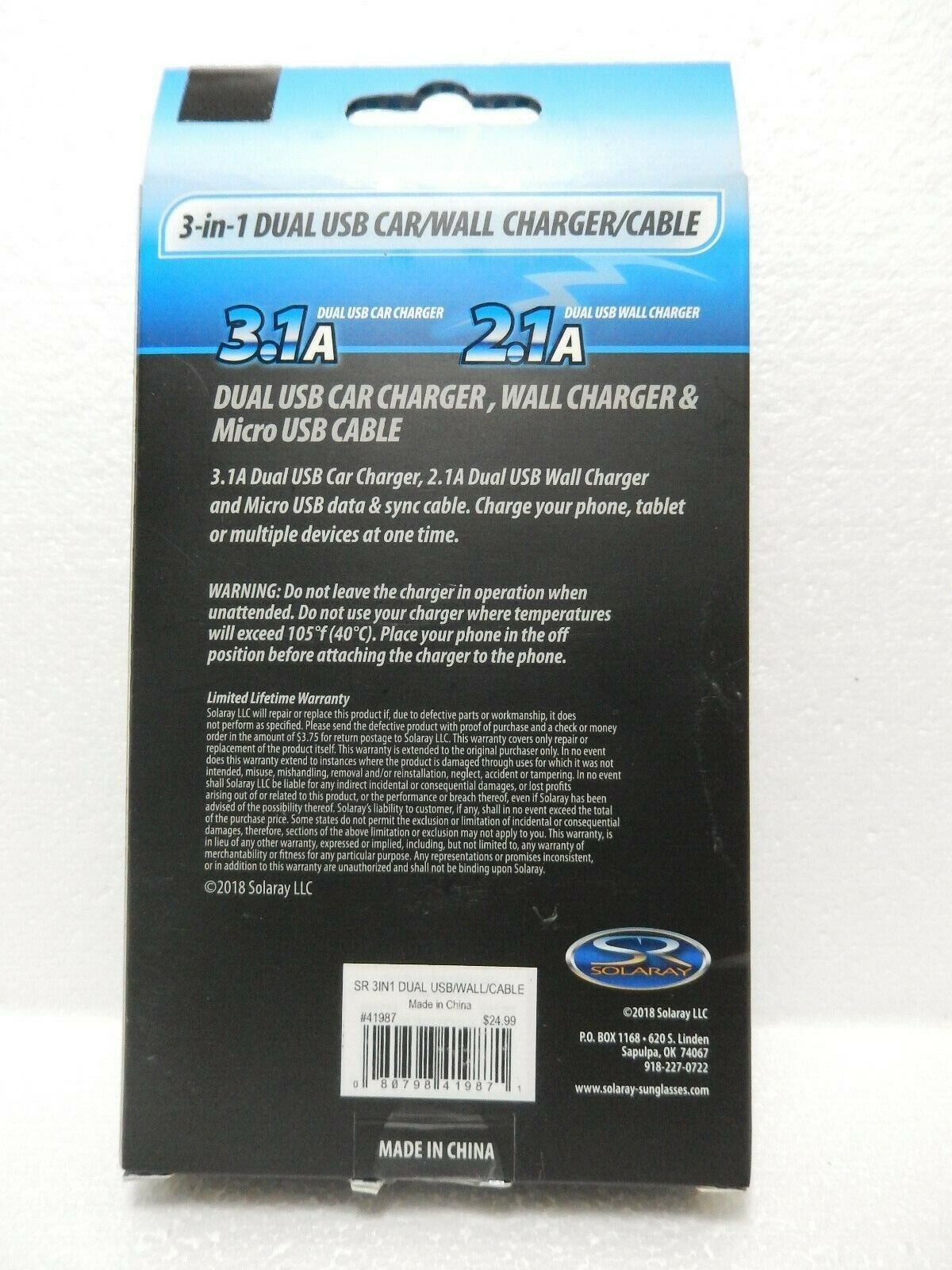 Brand New: 3-in-1 Dual USB Car/Wall Charger/Cable Solaray Phone Charger Sleek