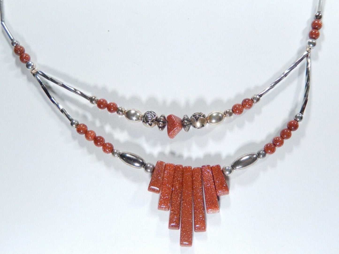 *VINTAGE* SOUTHWEST Sterling Liquid Silver Beaded Orange Goldstone 18" Necklace