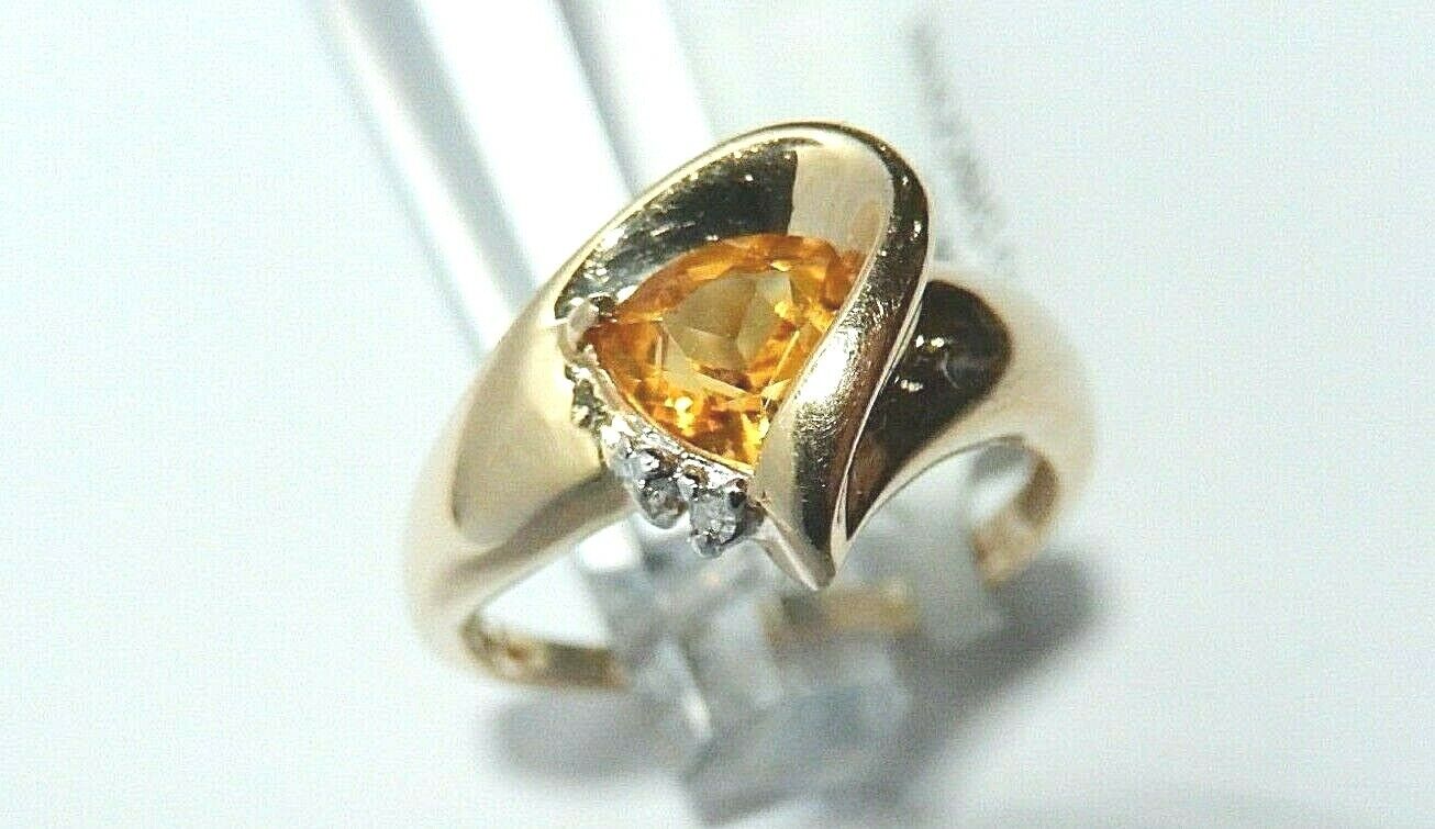 *VINTAGE*14K Yellow Gold Trillion Citrine & Diamond Accent Modern Bypass Ring-7