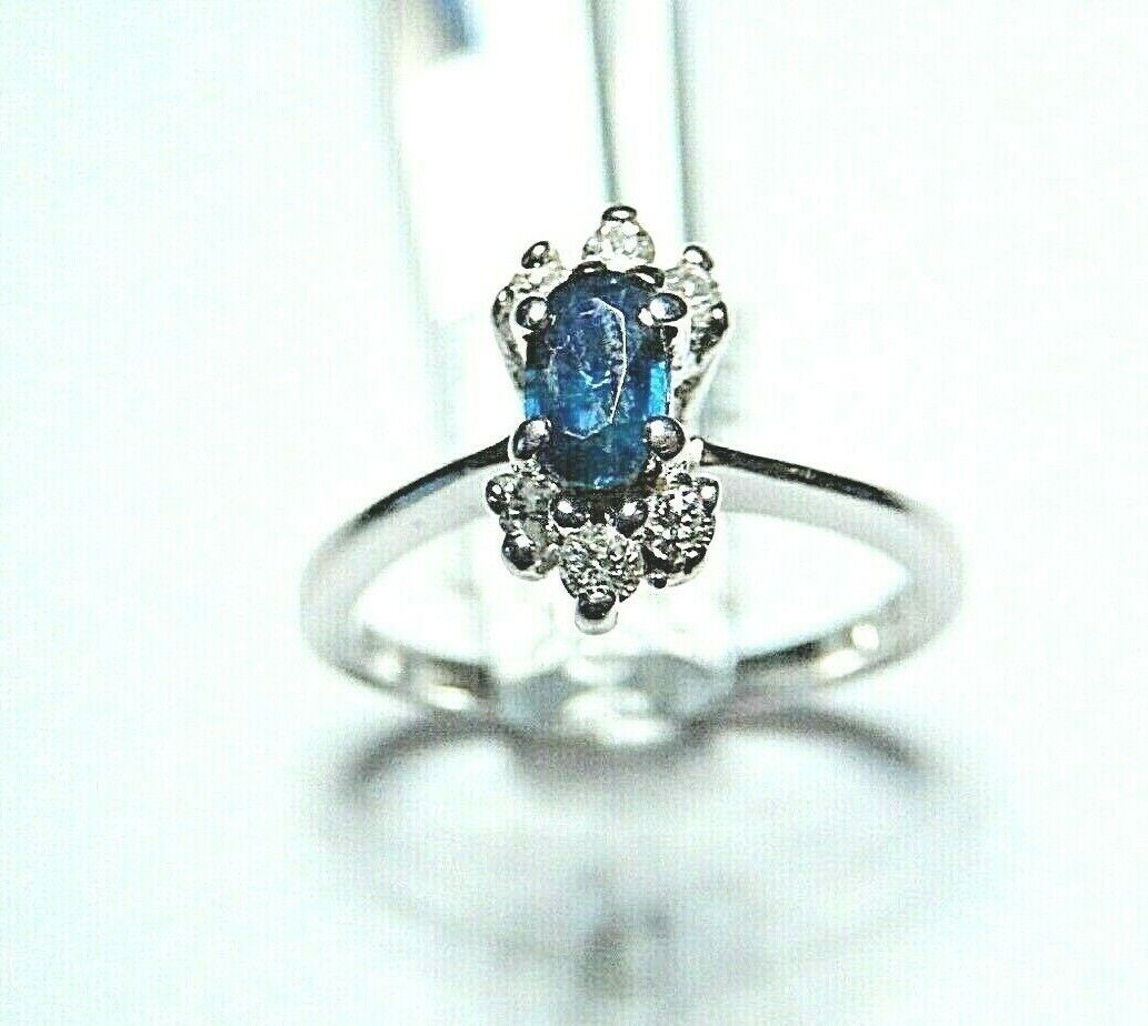 *NWT* 14k Solid White Gold Natural Sapphire & Diamond Ring Size 6.25