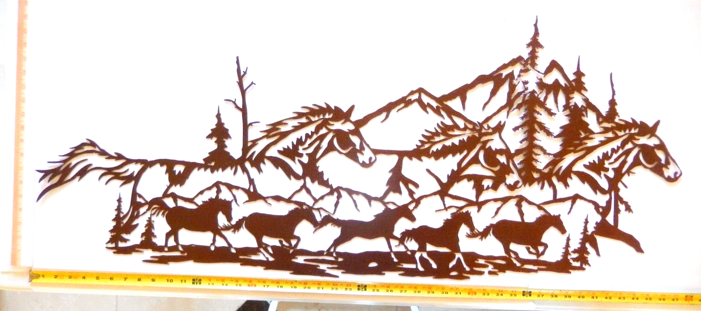 NEW~EXTRA LARGE 14ga."RUNNING HORSES IN FOREST " Metal Wall Art 47" x 19.5"