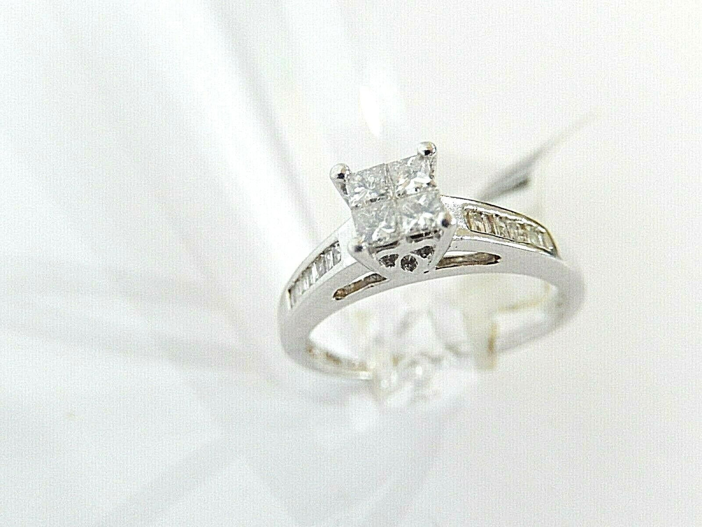 14k White Gold Princess Cut & Baguette Natural Diamond Engagement Ring Size 6.75