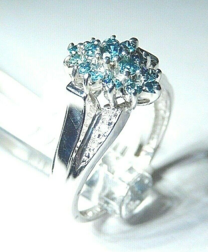 *NWT*14K White Gold .50CTW Blue Diamond Cocktail Cluster Ring Size 10.25