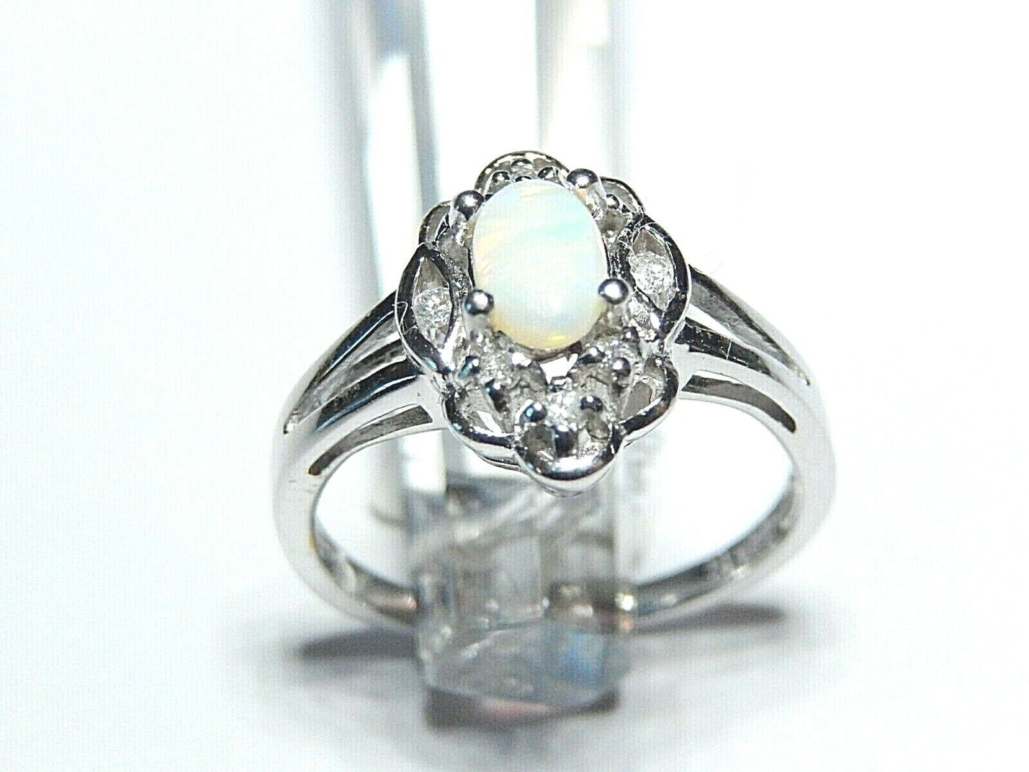 *NWT* 14K White Oval Opal & Halo Diamond Ladies Ring Size 6.5