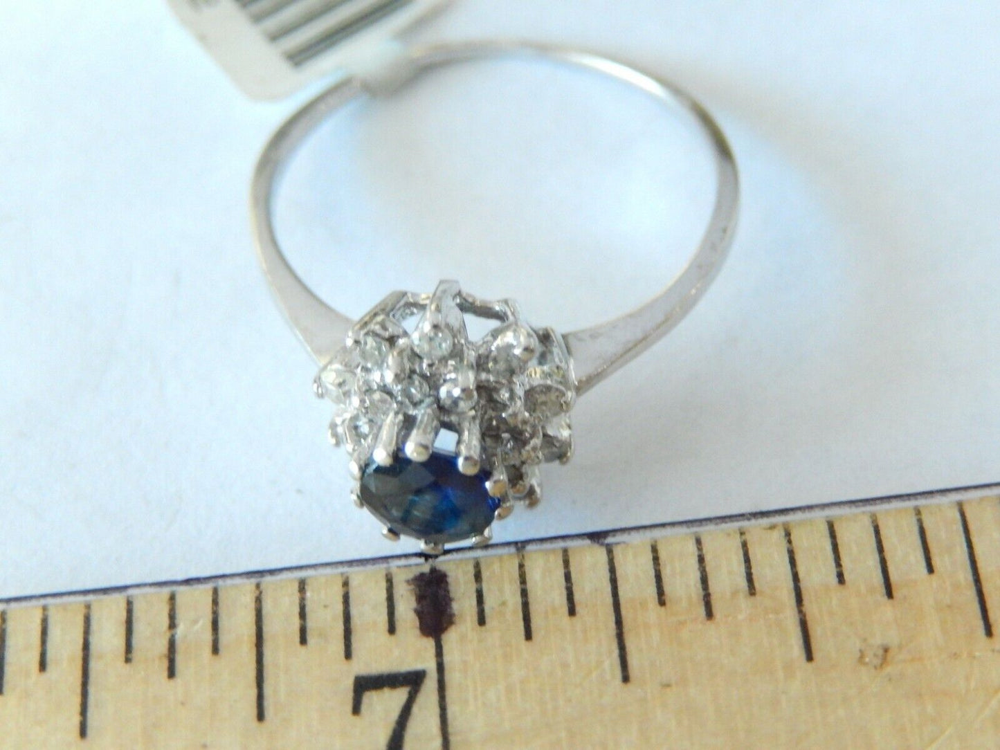 *VINTAGE* 14K White Gold Blue Sapphire Double VS2 Diamond Halo Ring .88TCW 8.25