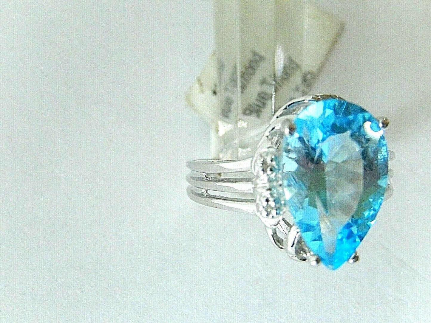 10k White Gold 4CT Pear Cut Blue Topaz & Diamond Ring Size 7.5