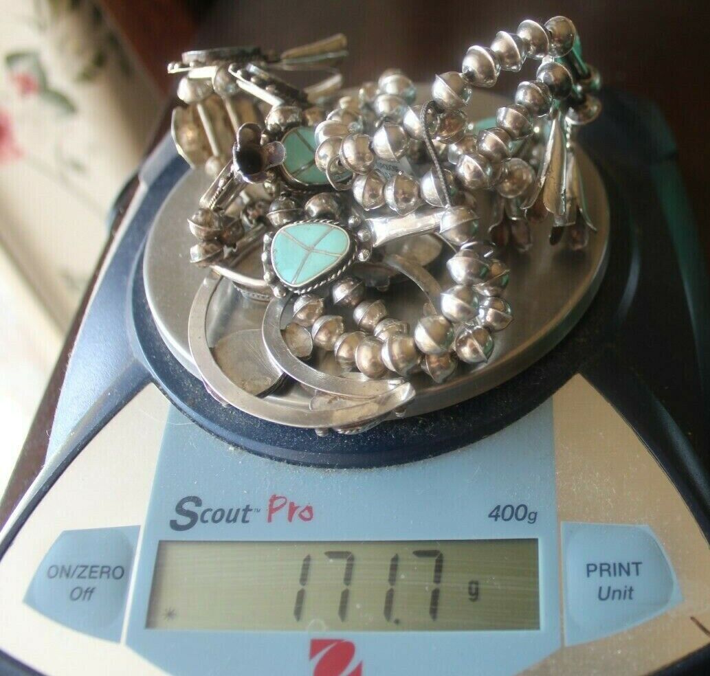 VINTAGE Large Native American Sterling Silver Turquoise Squash Blossom Necklace
