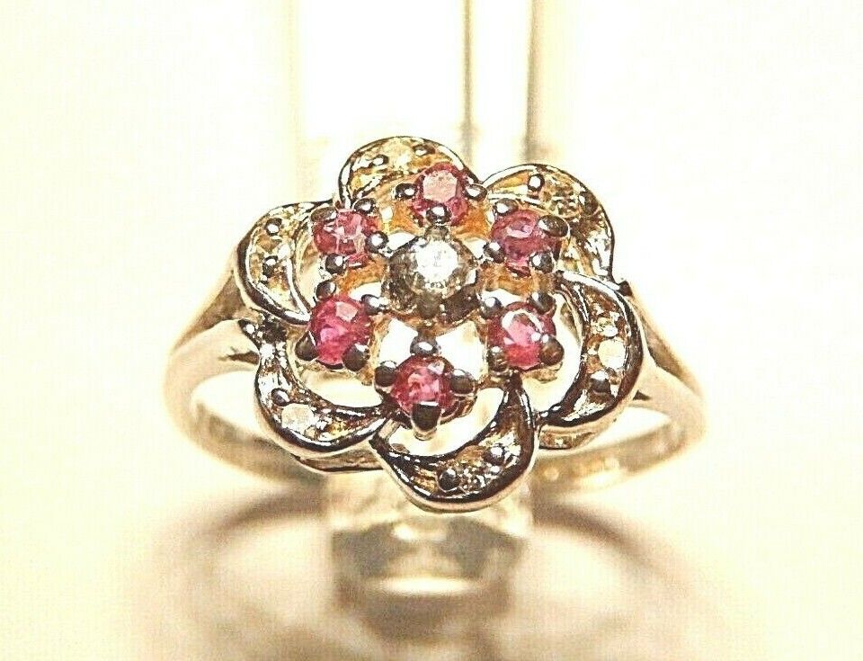 *NWT* 14K White Gold Natural Ruby Diamond Three Tier Cluster Ring Size 6.75