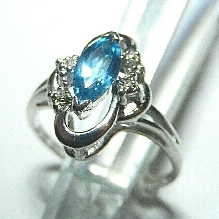 *NWT* 14K White Gold London Blue Topaz & Diamond Freeform Ring Size 6.75
