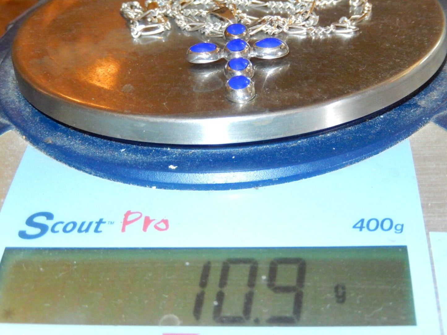 ~VINTAGE~ 950 Sterling Taxco Lapis Lazuli Cross Pendant on 18" Figaro 925 Chain